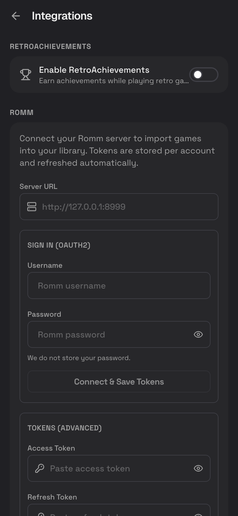 Step 1: RetroAchievements settings
