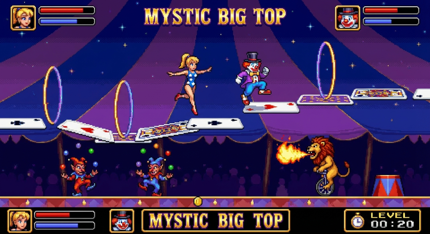 Circus Mystery inspired co-op platforming Circus platformer-inspired in-game screenshot with costume mechanics