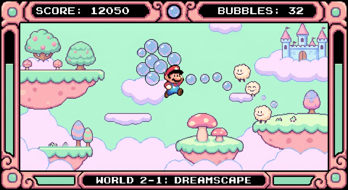 DoReMi Fantasy inspired cozy platforming DoReMi Fantasy-inspired bubble platforming gameplay scene