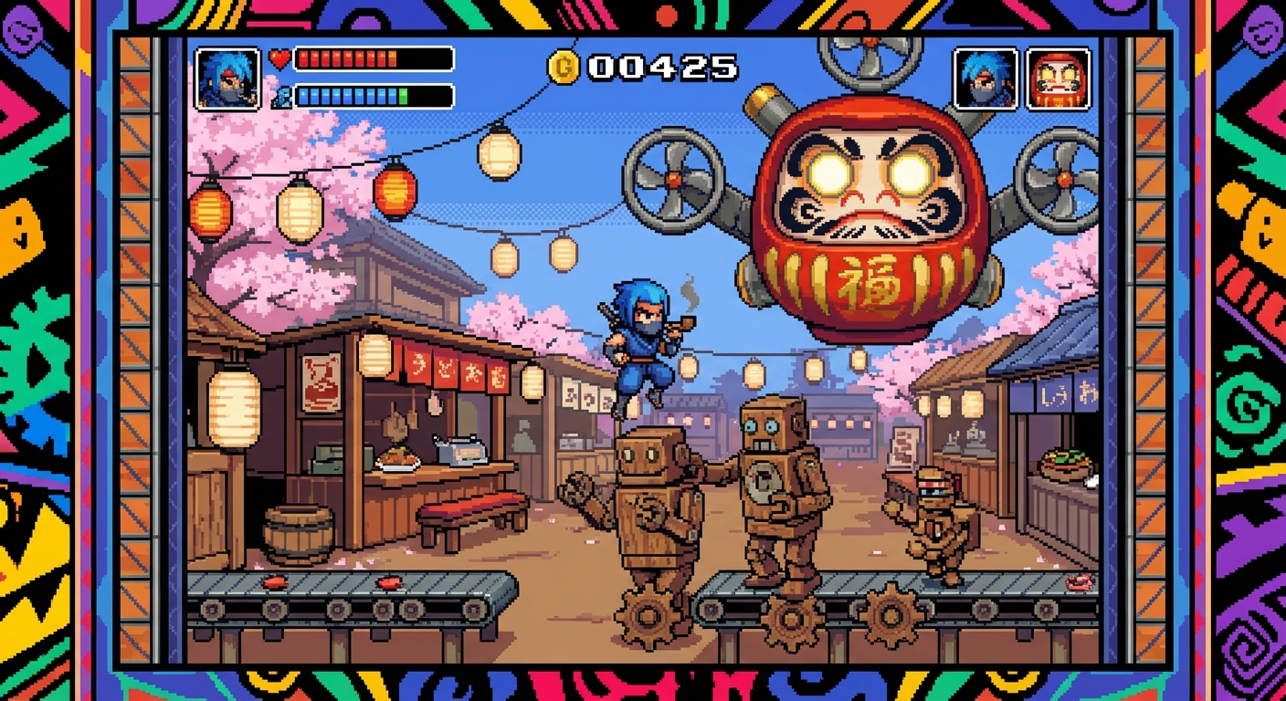 Goemon 3 inspired variety-heavy platforming Goemon 3-inspired in-game screenshot with quirky mechanical platform setpiece