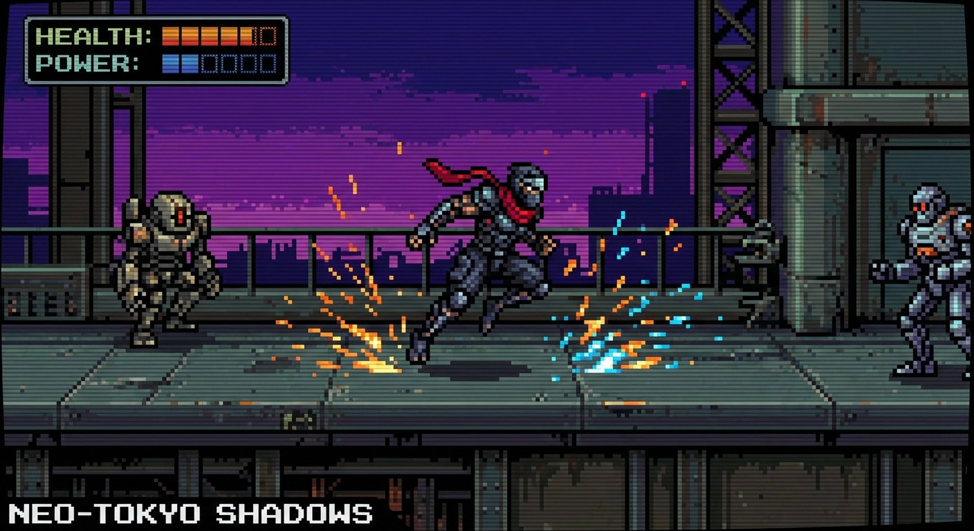 Hagane inspired ninja platform action Hagane-inspired cyber ninja in-game style action frame