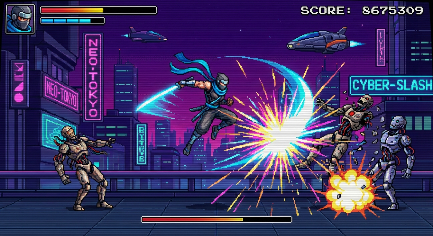 Run Saber inspired high-speed platform combat Run Saber-inspired in-game screenshot with cyber ninja action