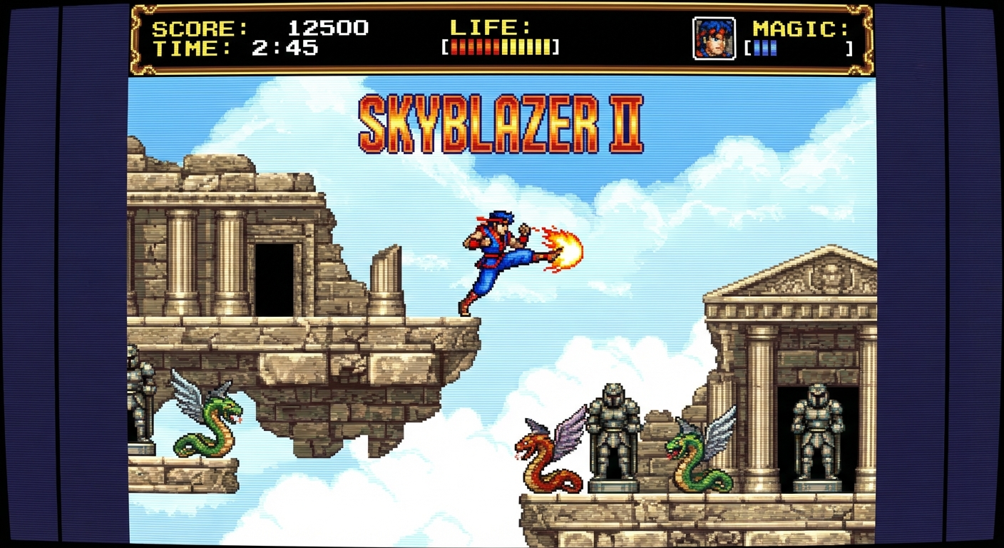 Skyblazer inspired movement-focused platforming Skyblazer-inspired in-game screenshot with aerial platforming