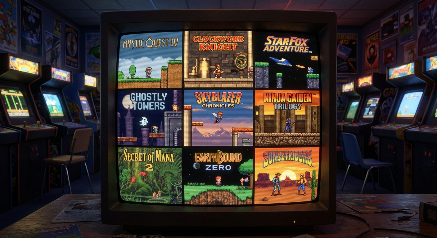 SNES hidden platformers mood SNES hidden platformer collage in retro CRT style