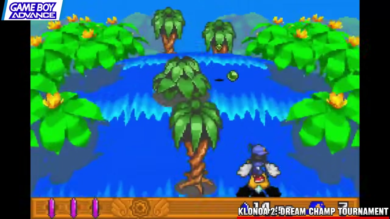 Frame from Renkai Games' GBA retrospective showing Klonoa 2's puzzle-platforming Klonoa 2 turns enemies and stage objects into puzzle verbs