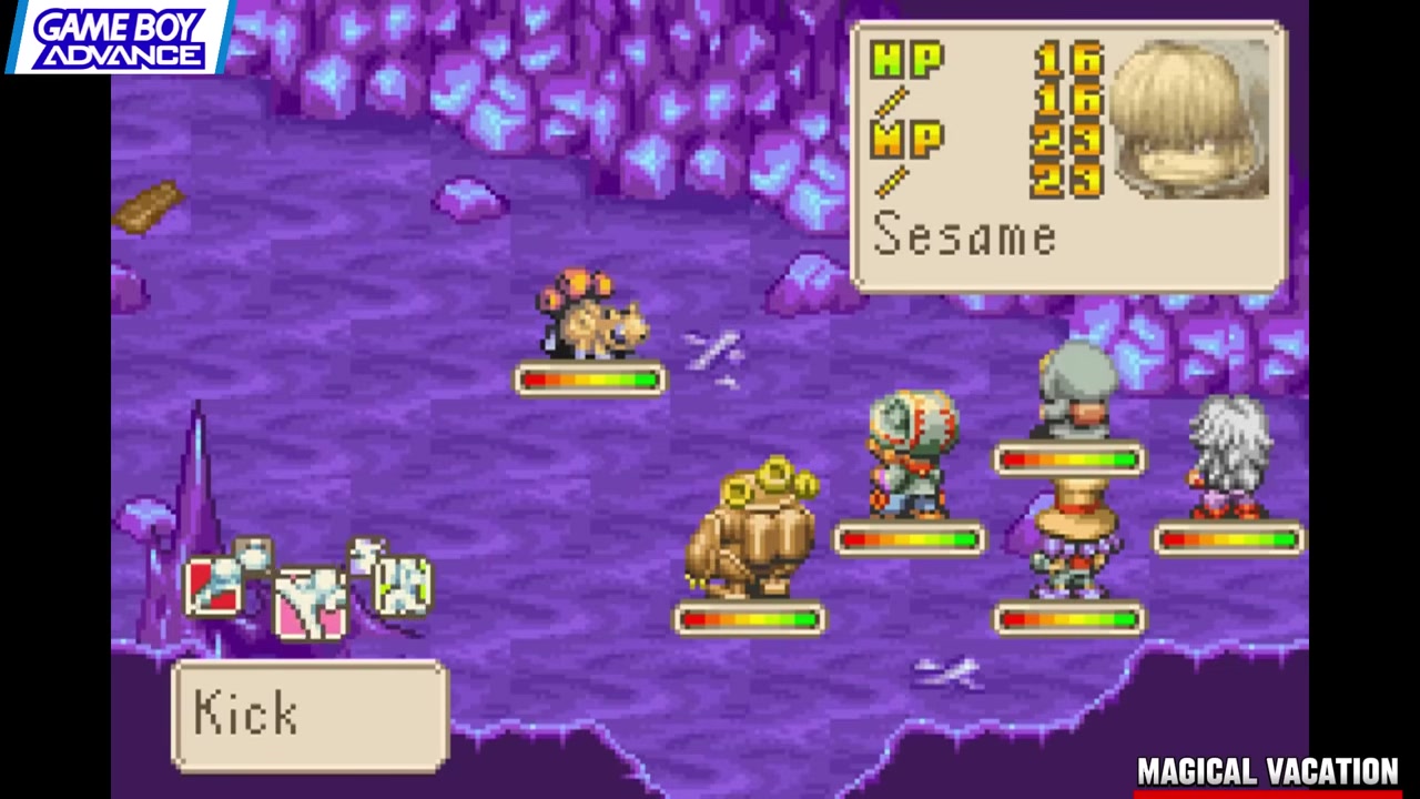 Frame from Renkai Games' GBA retrospective showing Magical Vacation's colorful RPG battles Magical Vacation uses saturated battle scenes and painterly color to stay readable