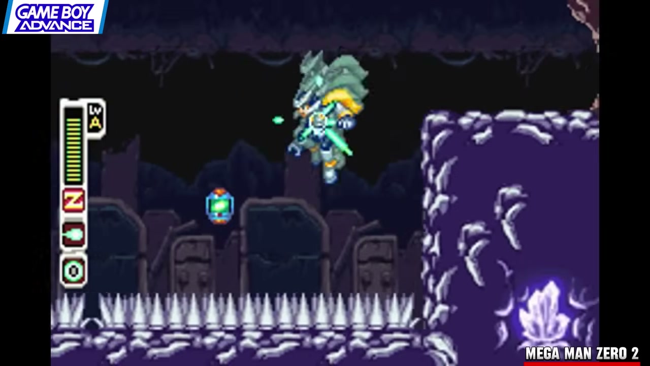 Frame from Renkai Games' GBA retrospective showing Mega Man Zero 2 Mega Man Zero 2 fills the small screen with fast hazards and precision movement