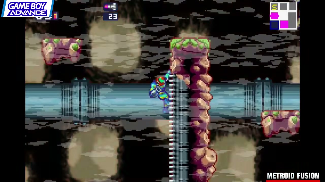 Frame from Renkai Games' GBA retrospective showing Metroid Fusion Metroid Fusion uses tight corridors and animation clarity to sell pressure
