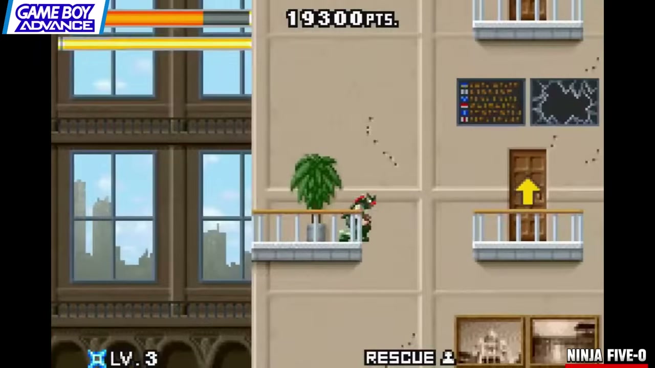 Frame from Renkai Games' GBA retrospective showing Ninja Five-O Ninja Five-O makes small stages feel kinetic through grappling-hook movement