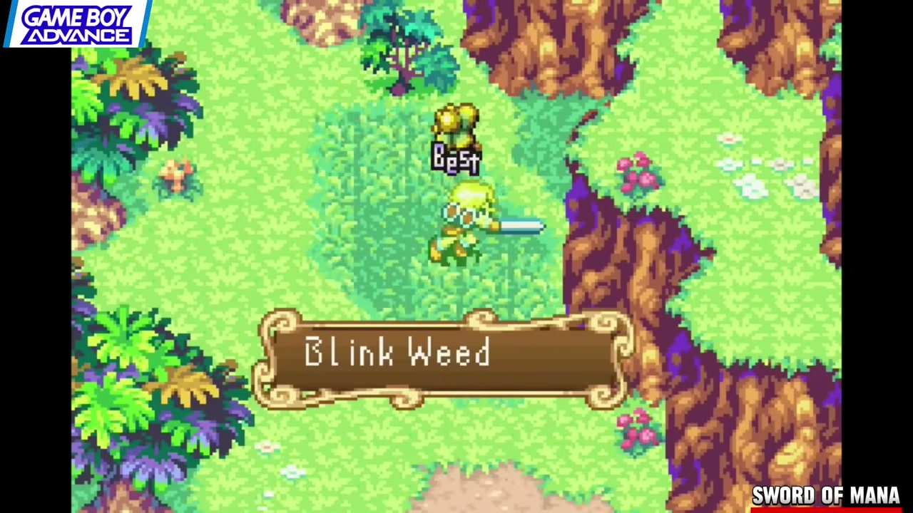 Frame from Renkai Games' GBA retrospective showing Sword of Mana Sword of Mana favors lush environments and readable action-RPG encounters