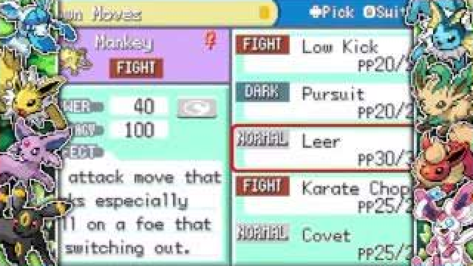 Bubble Blue's move interface showing Mankey's available moves and categories