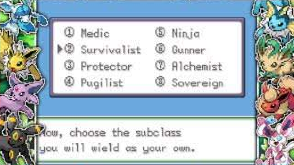 Odyssey II's menu listing Medic, Survivalist, Protector, Pugilist, Ninja, Gunner, Alchemist and Sovereign