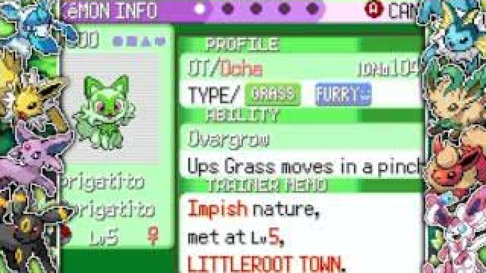 Pokemon Overcomplicated summary screen showing Sprigatito with custom type information