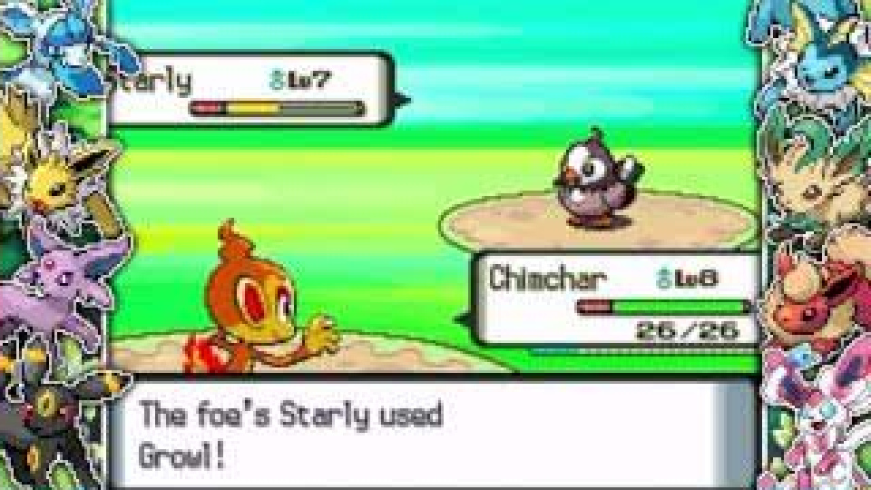 Chimchar battling Starly in the paired Sinnoh hack showcase