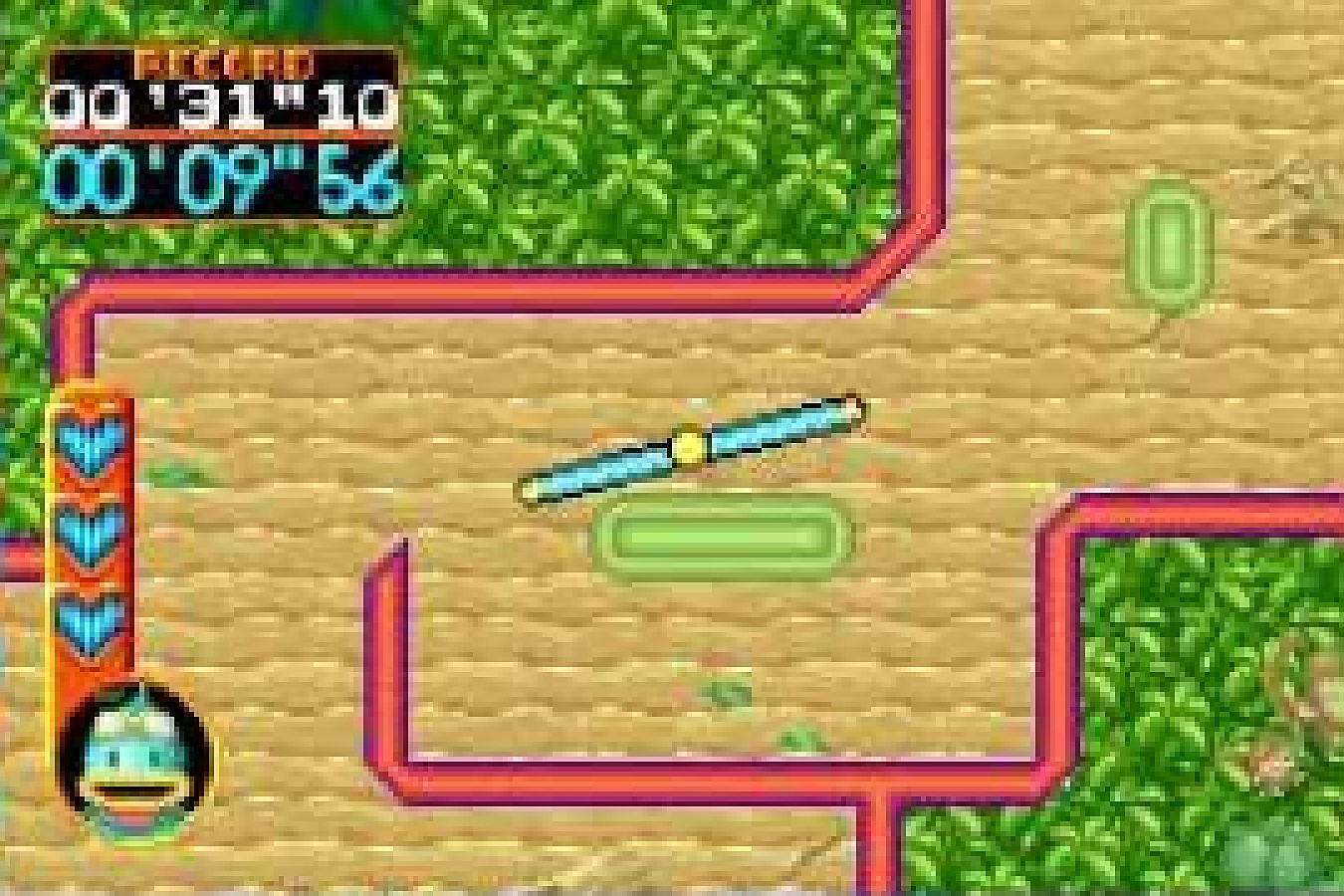 Kuru Kuru Kururin turns one rotating bar into a precise maze-navigation challenge Kuru Kuru Kururin rotating bar maze gameplay on Game Boy Advance