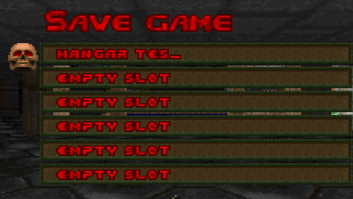 Doom's own Save Game menu with a name entered in the first slot