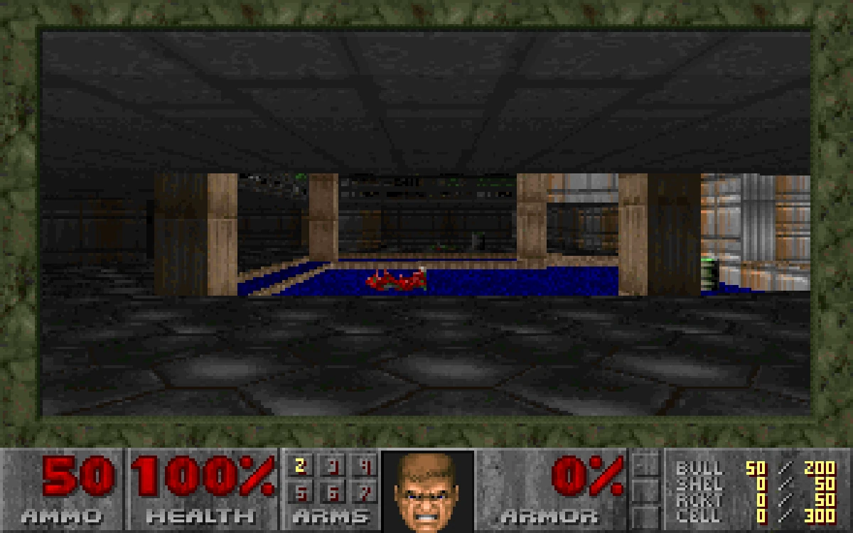 Doom shareware running in Rebit in the opening Hangar room