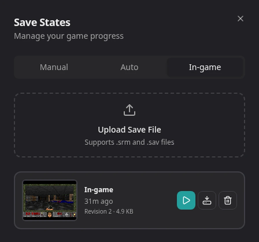 Rebit's In-game save list with the play, download, and delete actions beside an exported save