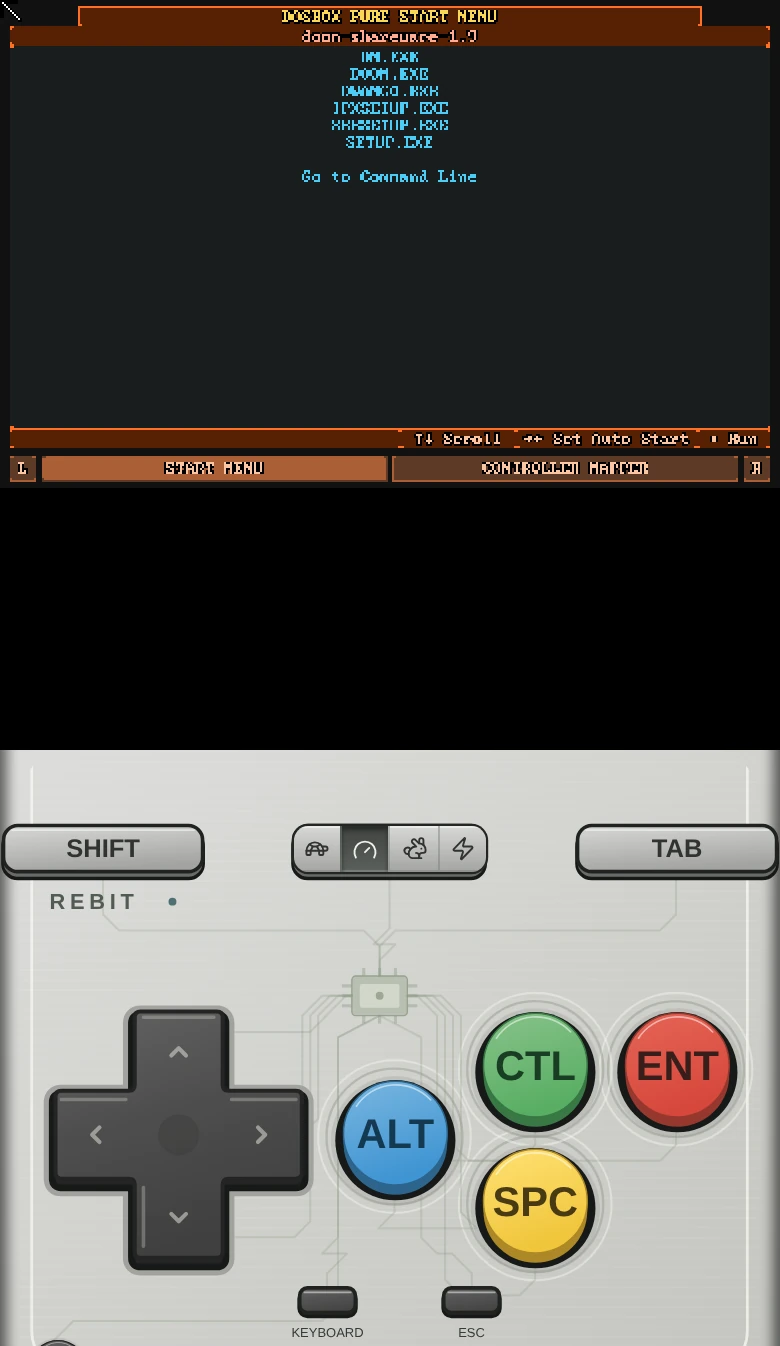 DOSBox Pure's program selector above Rebit Classic touch controls in a Chromium phone viewport