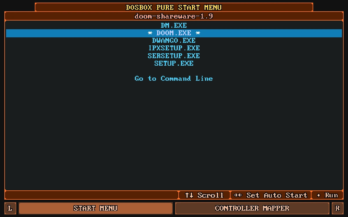 The real DOSBox Pure program list for the uploaded Doom shareware package