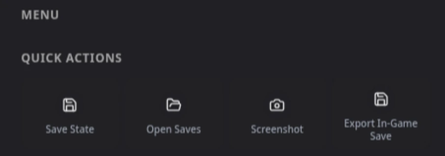 Rebit's game menu showing Save State, Open Saves, Screenshot, and Export In-Game Save