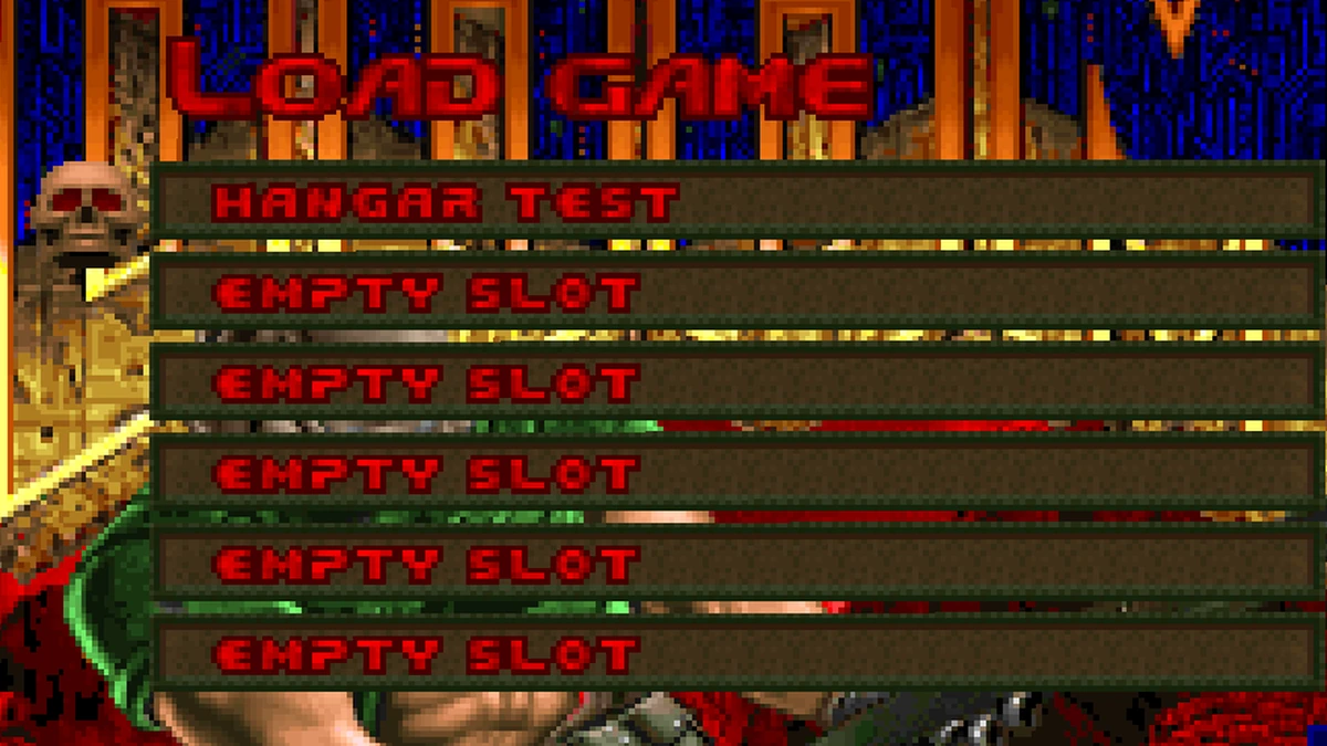 Doom's Load Game menu showing HANGAR TEST after launching with the exported drive save