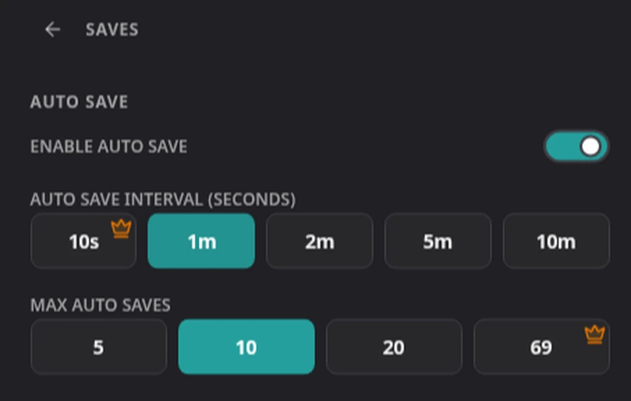 Rebit's DOS save settings with autosave interval and history options