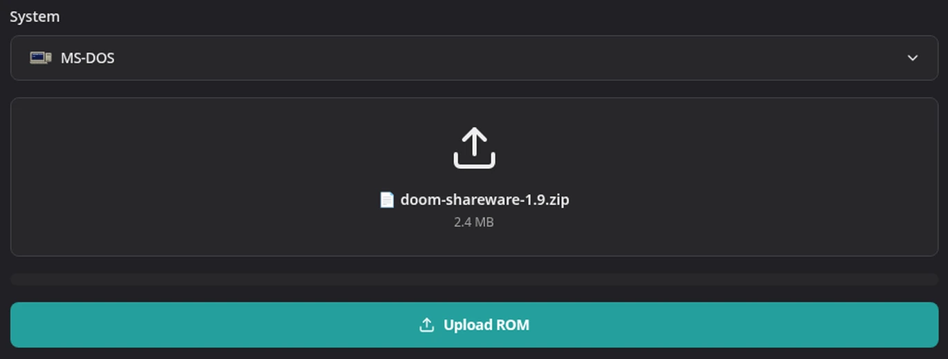 The Rebit upload form with a complete Doom shareware ZIP selected as MS-DOS