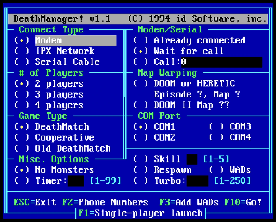 DeathManager's modem and network options after DM.EXE was selected