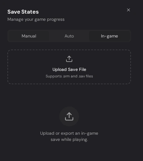 Rebit In-game saves drawer with Upload Save File