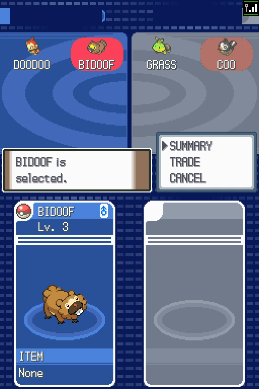 Platinum selects Bidoof in the trade party screen