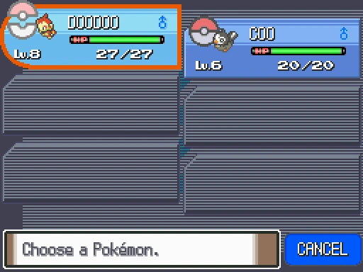Platinum's party after reopening, with Chimchar and Starly