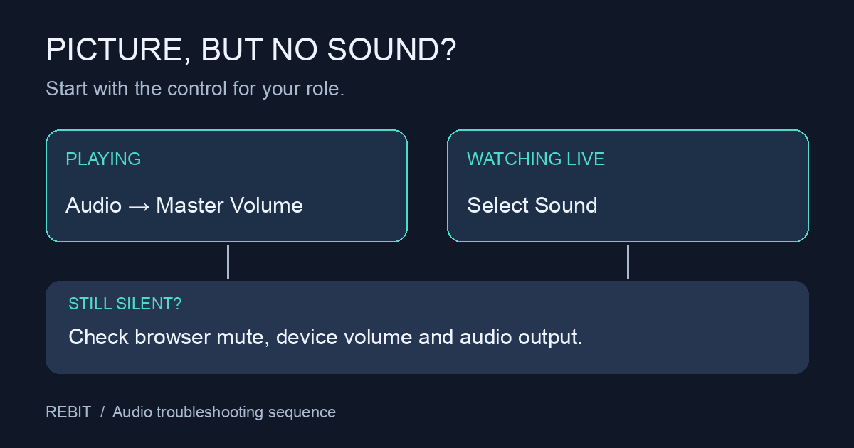 Audio checks: playing uses Master Volume; live Watch uses Sound; both then need browser and device audio enabled.