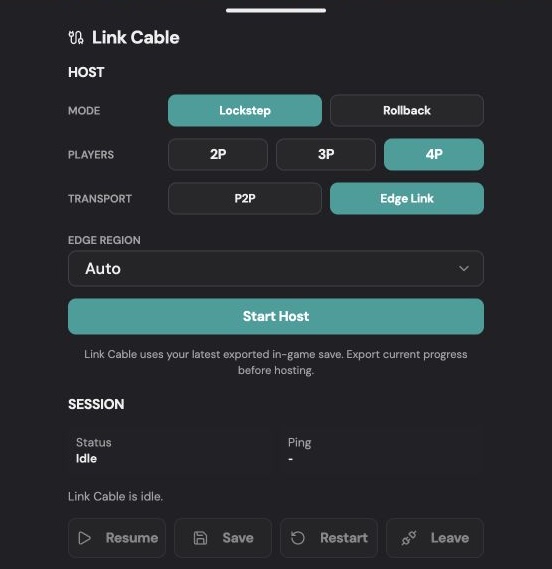 Rebit GBA Link Cable host settings for Pokemon Quetzal online co-op Rebit Link Cable host panel showing Lockstep, Rollback, player count, P2P, Edge Link, region, and Start Host controls