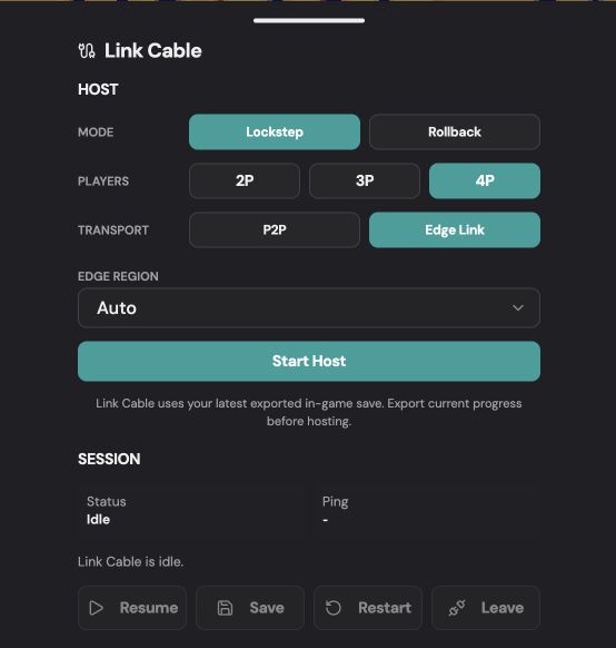 Rebit Link Cable menu with four players and Edge Link selected