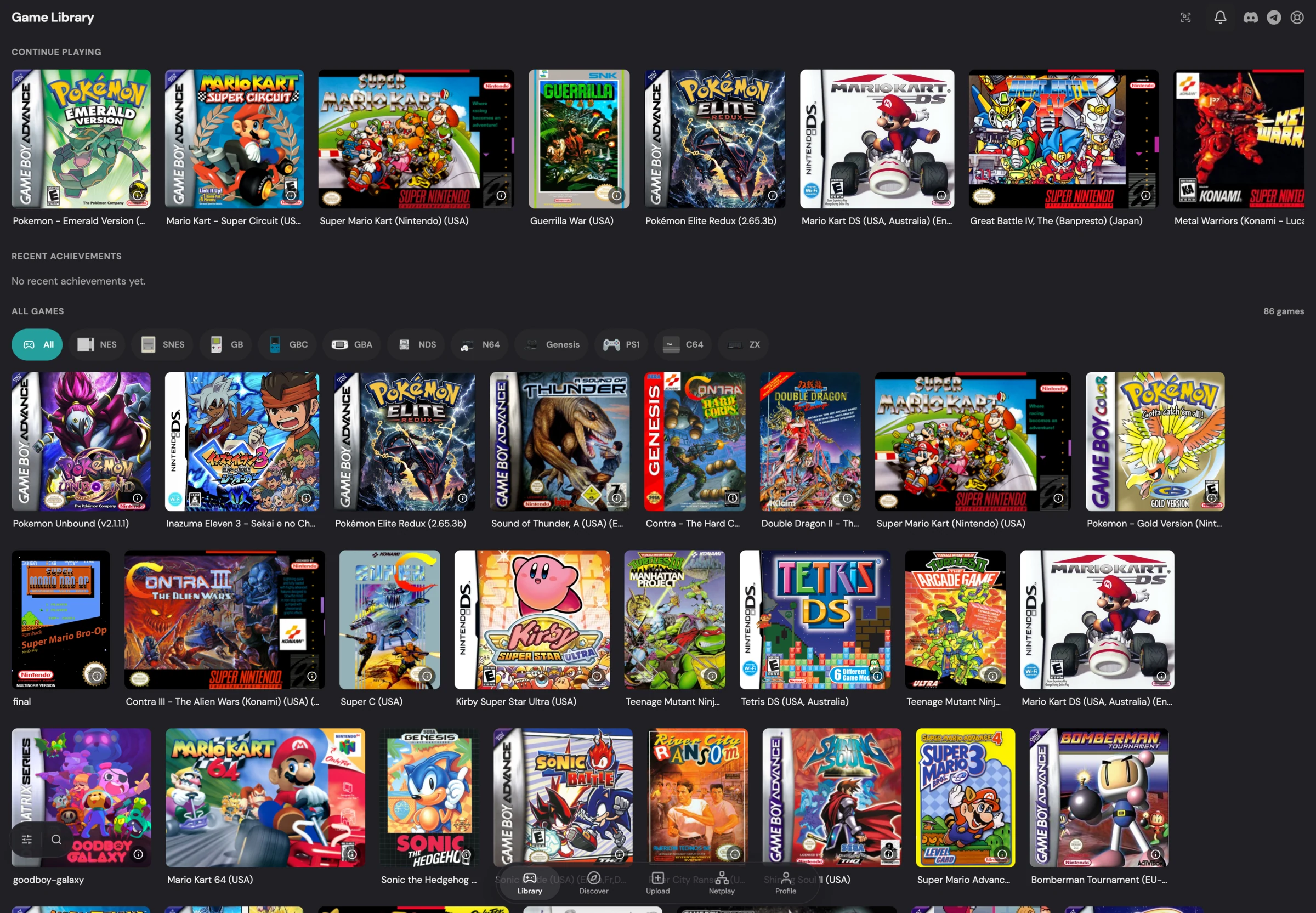 Rebit desktop library showing a collection of retro games and system filters